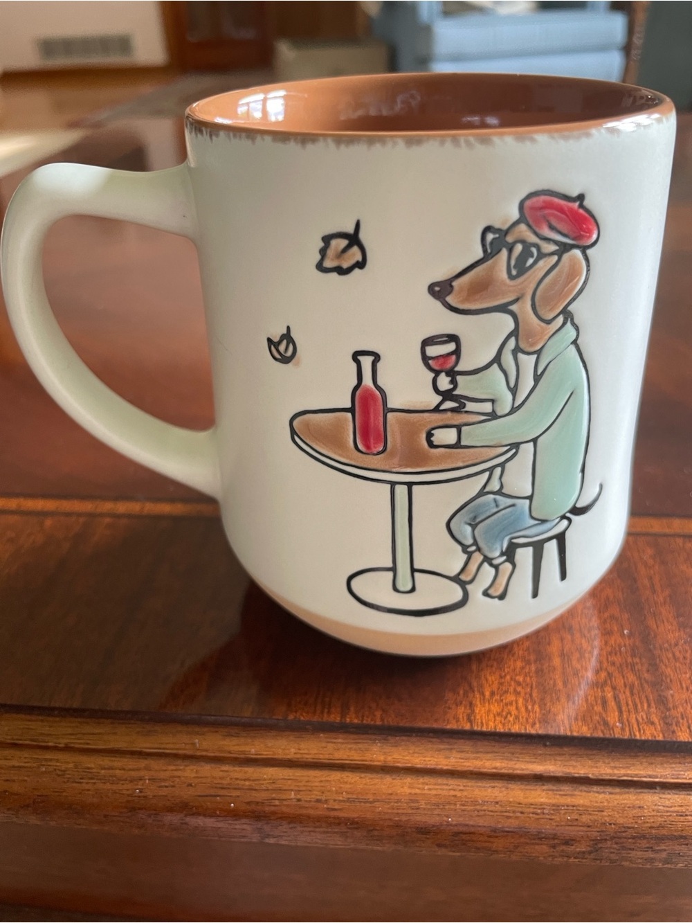Hand-Painted Dachshund CafΓ© Ceramic Mug - Cream with Brown Interior